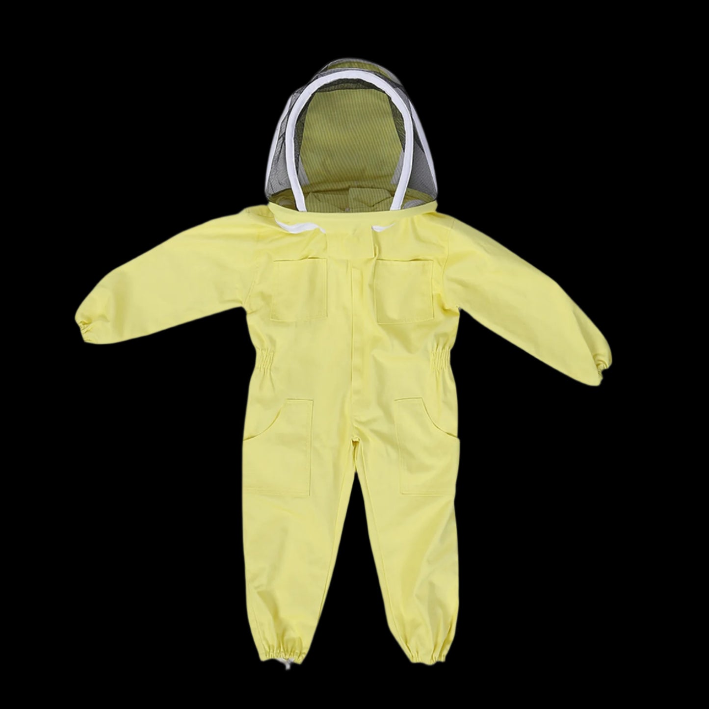 Child wearing a professional beekeeping protective suit in yellow, featuring a compact hat design and made from soft, breathable cotton. Perfect for bee farm visits and sting protection.