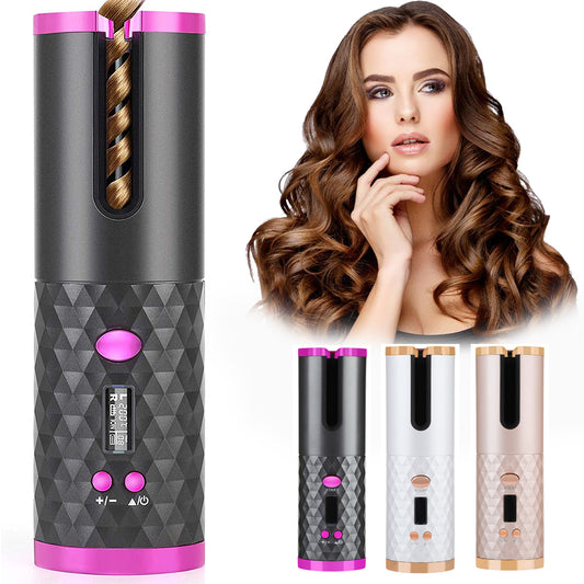 Rechargeable Automatic Hair Curler for Women, featuring a portable ceramic curling iron with LCD display and anti-tangle protection. Perfect for creating beautiful curls on the go. Compact and easy to use for smooth, long-lasting curls without the hassle. Ideal for busy women who want professional-quality styling at home or while traveling. Find this innovative hair tool at Everything Amazing Shop for this product.