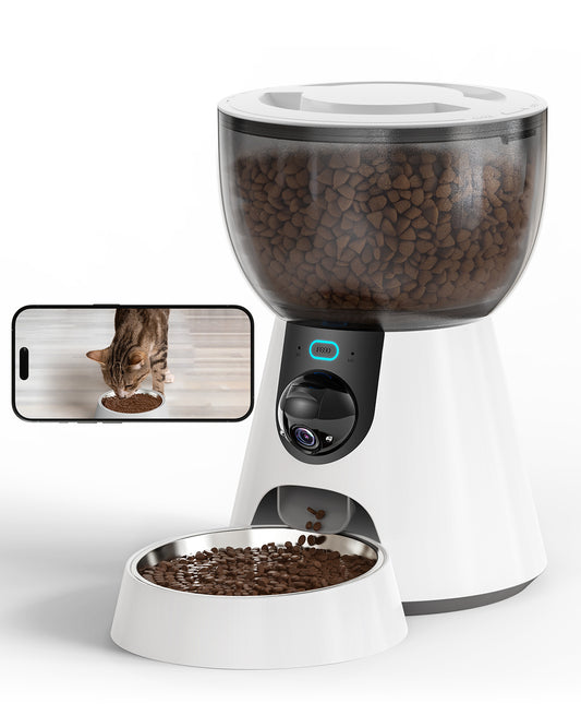 Smart automatic cat feeder with HD camera, night vision, 5G WiFi, and 4L food storage for remote pet feeding.