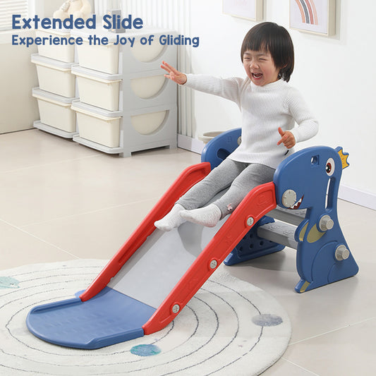 Child sliding down a colorful slide with text 'Extended Slide Experience the Joy of Gliding' in a room.