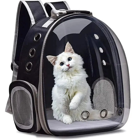 Transparent pet carrier backpack designed for cats, small animals, and puppies with a bubble capsule design. Breathable and spacious, this travel carrier provides comfort and visibility for your pets during travel. Ideal for safe and convenient transportation, whether you're on the go or flying with your furry friend. Durable and stylish, it ensures your pet’s safety and comfort. Perfect for pet owners looking for a reliable and fashionable travel carrier. Av