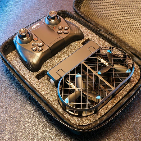 V38 Foldable Mini Drone with protective mesh enclosure, compact storage case, and ergonomic remote controller – perfect for portable aerial photography and recreational flying.