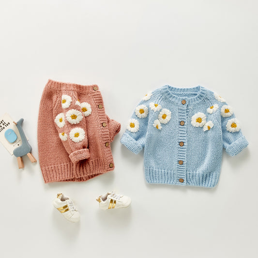 Floral Knit Baby Girl Sweater made from soft cotton blend, perfect for newborns to 24 months. Comfortable and stylish, featuring a beautiful floral design. Ideal for keeping your baby cozy and fashionable in every season. Available now at Everything Amazing Shop for this product.